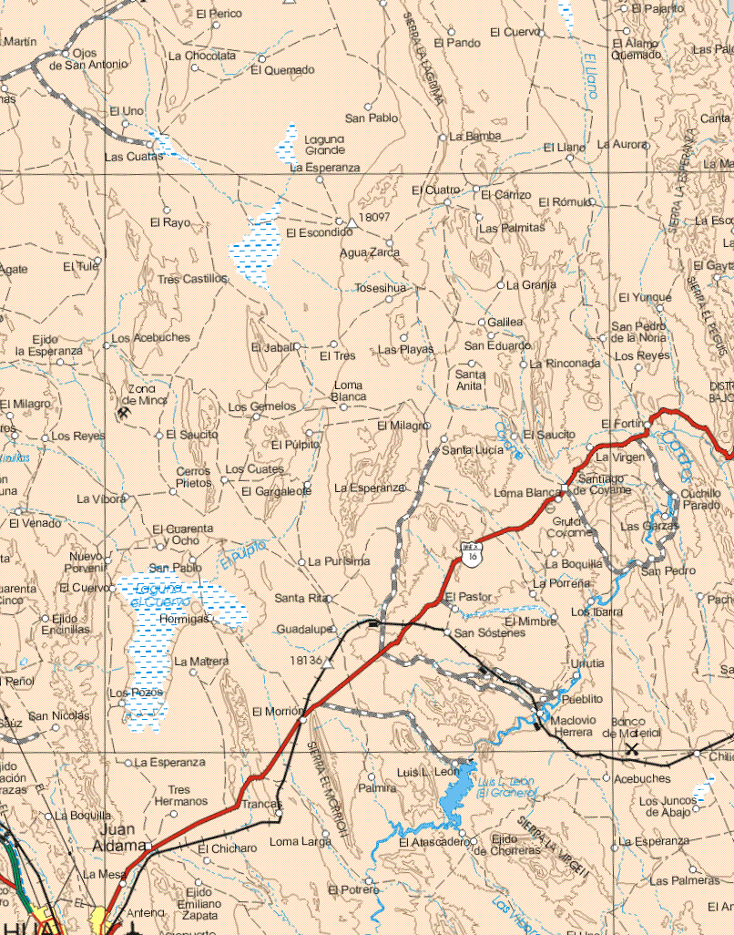 The map also shows the towns (pueblos) of Ojos de San Antonio, La Chocolata, El Perico, El Quemado, El pando, El Cuervo, El pajarito, El Alamo Quemado, El Uno, San pablo, Las Cuatas, La Bamba, El Lano, la Aurora, La esperanza, El Cuatro, El Carrizo, El Romulo, El Rayo, El Escondido, Las Palmitas, el Tule, Agua Zarca, Tres Castillos, Tosesihua, La Granja, El Yunque, Galilea, San pedro de la Noria, Ejido La Esperanza, Los Acebuches, El Jabalí, El Tres, Las Playas, San Eduardo, Los Reyes, La Rinconada, Santa Anita, Loma Blanca, Los Gemelos, El Milagro, Los Reyes, El Saucito, El Pulpito, El Milagro, Santa Lucia, El Fortín, Santa Lucia, La Virgen, Cerros Prietos, Los Cuates, La Vibora, El Gargaleote, La Esperanza, Loma Blanca, Santiago de Coyame, Cuchillo Parado, El Venado, El Cuarenta y Ocho, Gruta Coyame, las Garzas, Nuevo porvenir, San Pablo, La Purísima, La Boquilla, San Pedro, El Cuervo, Santa Rita, El Pastor, La Porreña, Los Ibarra, Ejido Encillas, Hormigas, Guadalupe, San Sostenes, El Mimbre, La matrera, Pueblito, Los Pozos, El Morrión, San Nicolás, Maclovio Herrera, La Esperanza, Tres Hermanos, Acebuches, Luis L. León, Palmira, Trancas, Los Juncos de Abajo, La Boquilla, Juan Aldama, El Chicharo, Loma Larga, El Atascadero, Ejido de Chorreras, La Esperanza, Las Palmeras, El Potrero, Ejido Emiliano Zapata.