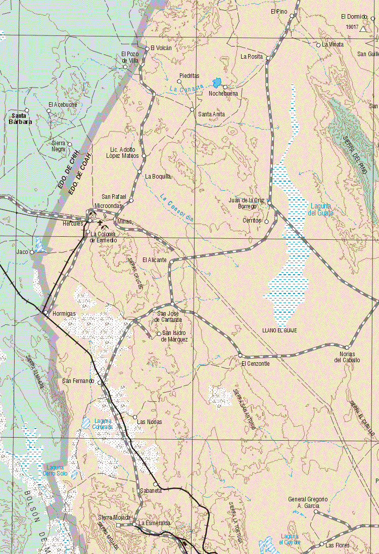 The map also shows the towns (pueblos) of El Pino, El Dormido, El Volcán, La Vinata, El Pozo de Villa, La Rosita, Piedritas, Nochebuena, Santa Anita, Lic. Adolfo López Mateos, La Boquilla, San Rafael, Juan de la Cruz Borrego, Hércules, La Colonia de En medio, Cerritos, El Alicante, Jaco, hormigas, San José de Carranza, San Isidro de Márquez, El Cenzontle, Norias del Caballo, San Fernando, Las norias, Sabaneta, Gral. Gregorio A. García, Sierra Mojada, La Esmeralda