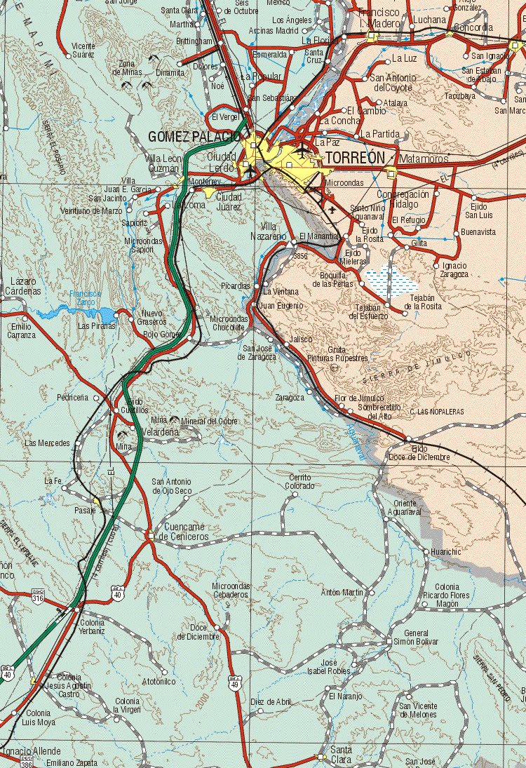 This map shows the major cities (ciudades) of Torreón, Francisco I. Madero, Concordia, Matamoros.The map also shows the towns (pueblos) of Luchana, La Luz, San Ignacio, San Antonio del Coyote, San Esteban de Abajo, Tacubaya, Atalaya, El Cambio, La Concha, La Partida, La Paz, Congregación Hidalgo, Ejido San Luis, Santo Niño Aguanaval, El Refugio, Ejido La Rosita, Buenavista, Gilita, Ejido Mieleras, Ignacio Zaragoza, Boquilla de Las Perlas, La Ventana, Juan Eugenio, Tejaban del Esfuerzo, Jalisco, Zaragoza, Flor de Jimulco, Sombrerito de Alto, Ejido Doce de Diciembre