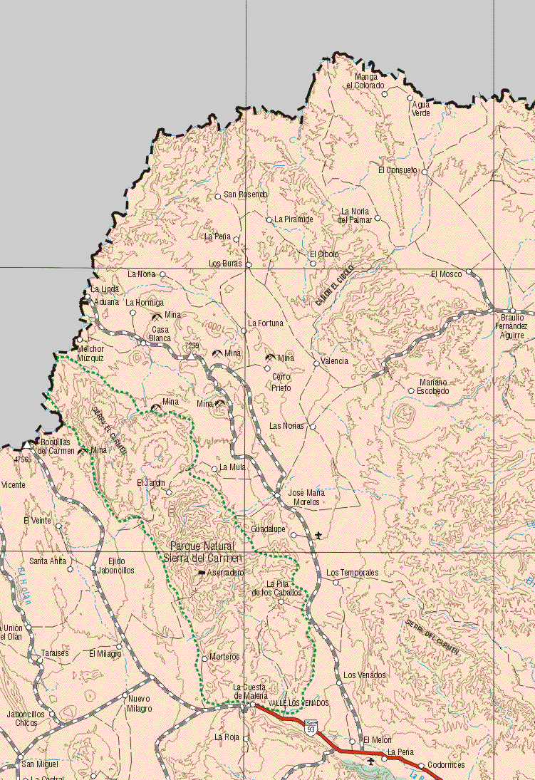 The map also shows the towns (pueblos) of Manga el Colorado, Agua Verde, San Roserido, El Consuelo, La Pirámide, La Noria del Palmar, La Peña, Los Budas, El Cibolo, La Noria, El Mosco, La Linda, La Hormiga, Braulio Hernández Rodríguez, La Fortuna, Casa Blanca, Cerro Prieto, Valencia, Melchor, Muzquiz, Mariano Escobedo, Las Norias, Boquillas del Carmen, La Mula, El Jardín, José Maria Morelos, El Veinte, Santa Anita, Ejido Jaboncillos, Guadalupe, Los Temporales, La Pila de los Caballos, Taraises, El Milagro, Jaboncillos Chicos, San Miguel, Nuevo Milagro, Morteros, La Cuesta de Malena, La Roja, Los Venados, El Melón, La Peña, Godornices