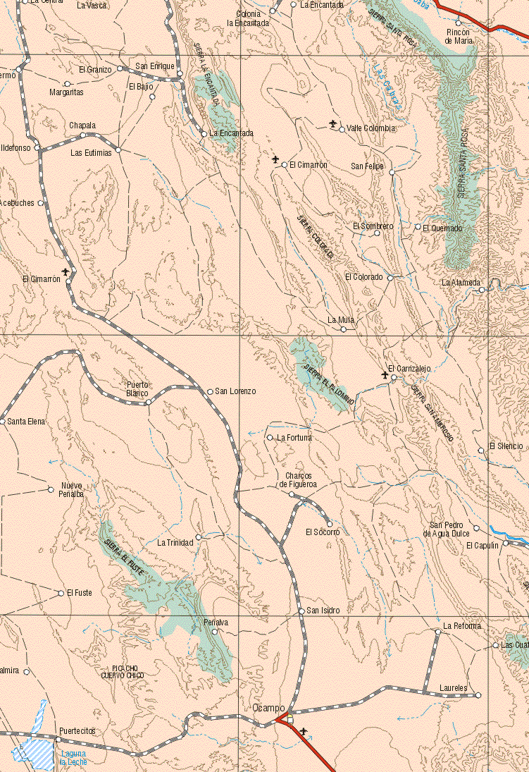 This map shows the major cities (ciudades) of Ocampo.The map also shows the towns (pueblos) of La Vasca, Colonia la Encantada, Rincón de Maria, El Granizo, San Enrique, Margaritas, El Bajío, Chapala, La encantada, Valle Colombia, Idelfonso, Las Eutimias, El Cimarrón, San Felipe, El Sombrero, El Quemado, El Colorado, La Alameda, La Mula, Puerto Blanco, San Lorenzo, El Carrizalejo, El Silencio, La fortuna, Santa Elena, Nueva Peñalva, La Trinidad, Charcos de Figueroa, El Socorro, San Pedro de Agua Dulce, El Silencio, El Capulín, La Trinidad, El Fuste, Puertecitos, Peñalva, San Isidro, La Reforma, Laureles