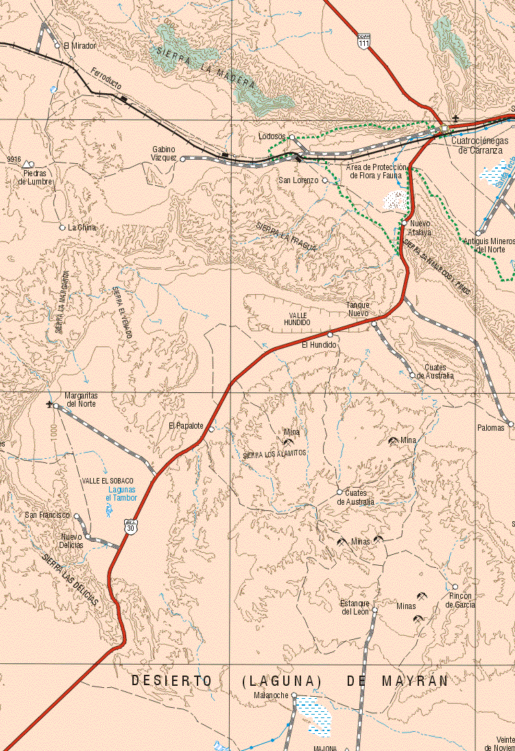 This map shows the major cities (ciudades) of Cuatro Ciénegas de Carranza. The map also shows the towns (pueblos) of El Mirador, Gabino Vázquez, Lodosos, San Lorenzo, La China, Nuevo Atalaya, Antiguis Mineros del Norte, Tanque Nuevo, El Hundido, Cuates de Australia, Margaritas del Norte, El Papalote, Palomas, San Francisco, Nuevo Delicias, Estanque de León, Rincón de García