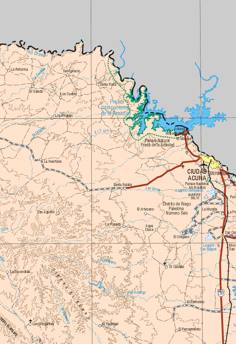 This map shows the major cities (ciudades) of Ciudad Acuña, San Carlos. The map also shows the towns (pueblos) of La Reforma, San Ignacio, Santa Rosa, El Salado, Los Cuates, Los Angeles, El Mirador, La Huérfana, Santa Eulalia, San Agustín, El Artesano, La Muralla, La Rosarra, Agua Dulce, El Orégano, El Caballo, El Remolino, La Escondida, Las Margaritas, El Pensamiento, El Pedregal