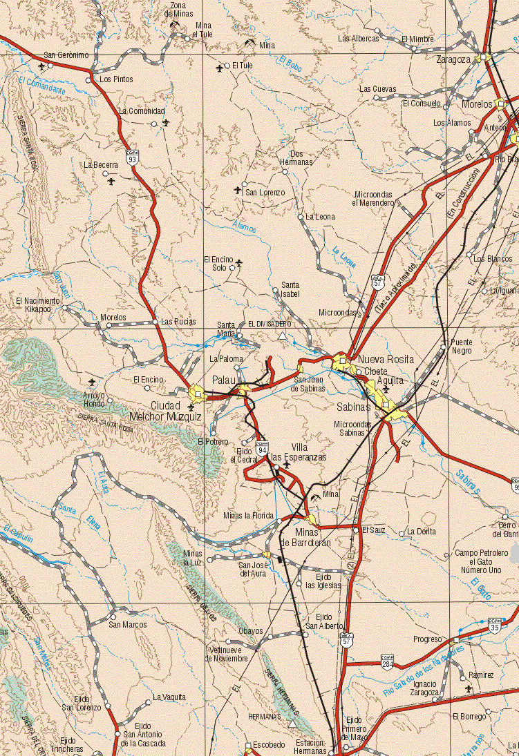 This map shows the major cities (ciudades) of Zaragoza, Morelos, Ciudad Melchor Muzquiz, Palau, San Juan de Sabinas, Nueva Rosita, Cloete, Agijita, Sabinas, Minas de Barroteran, San José de Aurora, Escobedo, Progreso.The map also shows the towns (pueblos) of San Gerónimo, Los Pintos, Mina El Tule, El Tule, Las Albercas, Las Cuevas, El Mimbre, El Consuelo, La Comunidad, Los Alamos, La Becerra, Dos Hermanas, San Lorenzo, La Leona, El Encino Solo, Los Blancos, El Nacimiento Kikapoo, Santa Isabel, La Iguana, Morelos, Las Rucias, El Divisadero, Sante Maria, Puente Negro, La Paloma, El Encino, Arroyo Hondo, El Potrero, Ejido el Cedral, Villa las Esperanzas, Minas las Floridas, El Sauz, La Dorita, Cerro del Barril, Minas la Luz, Ejido las Iglesias, San Marcos, Veintinueve de Noviembre, Obayos, Ejido San Alberto, Ramírez, Ignacio Zaragoza, Ejido San Lorenzo, La Vaquita, Ejido San Antonio de la Cascada, Estación Hermanas, Ejido Primero de Mayo, El Borrego