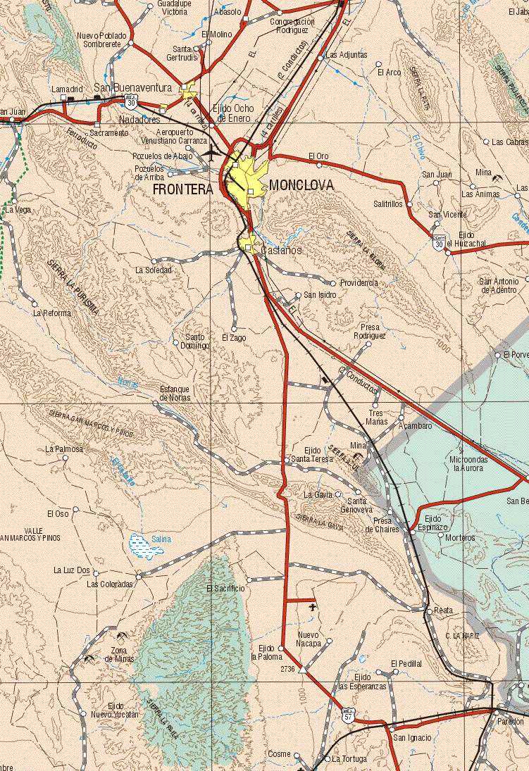 This map shows the major cities (ciudades) of San Buenaventura, Nadadores, Monclova, Castaños.The map also shows the towns (pueblos) of Guadalupe Victoria, Abasolo, Nuevo Poblado Sombrete, Santa Gertrudis, El Molino, Congregacion Rodriguez, Las Adjuntas, El Arco, La Madrid, Ejido Ocho de Enero, El Oro, San Juan, Las Cabras, Sacramento, Pozuelos de Abajo, San Juan, Las Animas, La Vega, San Vicente, Salitrillos, Ejido Huazichal, San Antonio de Adentro, Providencia, La Soledad, La Reforma, San Isidro, Presa Rodriguez, Santo Domingo, El Zago, Presa Rodriguez, Estanque de Norias, Tres Marias, Acambaro, La Palmosa, Ejido Santa Teresa, El Oso, La gavia, Santa Genoveva, Presa de Chaires, La Luz Dos, Las Coloradas, El Sacrificio, Reata, nuevo Nacapa, Ejido la Paloma, El Pedillal, Ejido las Esperanzas, Ejido Nuevo Yucatán, Paredón, San Ignacio, La Tortuga, Cosme