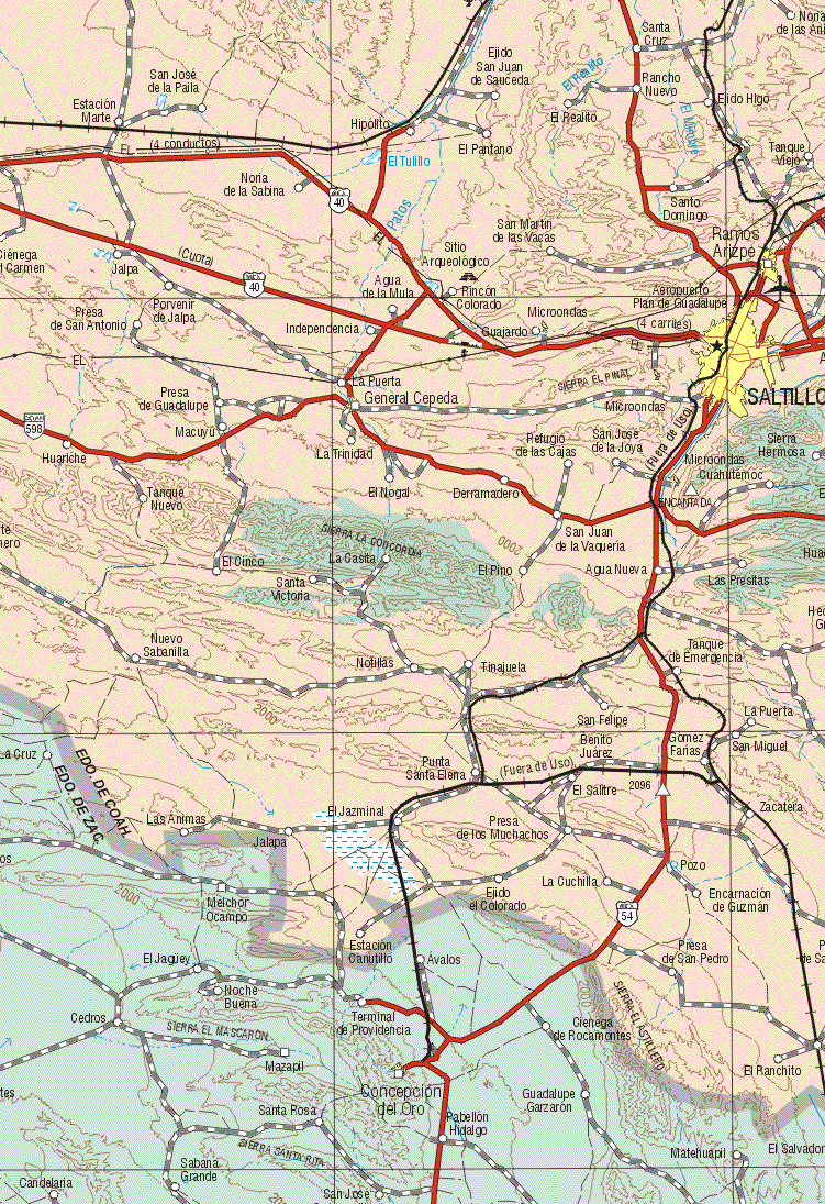 This map shows the major cities (ciudades) of Saltillo, Ramos Arizpe, General Cepeda.The map also shows the towns (pueblos) of Estación Marte, San José de la Paila, Hipólito, Ejido San Juan de Sauceda, El Realito, Santa Cruz, Rancho Nuevo, Ejido Hidalgo, Noria de las Animas, El Pantano, Tanque Viejo, Noria de la Sabina Santo Domingo, San Martín de las Vacas, Ciénega del Carmen, Jalpa, Agua de la Mula, rincón Colorado, Guajardo, Presa de San Antonio, Porvenir de Jalpa, Independencia, Presa de Guadalupe, Macuyu, Refugio de las Cajas San José de la Joya, Huariche, Tanque Nuevo, La Trinidad, El Nogal, Derramadero, Sierra Hermosa, Cuauhtemoc, El Cinco, La Casita, El Pino, San Juan de la Vaquería, Agua Nueva, Santa Victoria, Las Presitas, Nuevo Sabanilla, Notillas, Tinajuela, Tanque de Emergencia, San Felipe, La Puerta, Punta Santa Elena, Benito Juárez, Gómez Farias, San Miguel, El Salitre, Zacatera, Las Animas, El Jazminal, Jalapa, Presa de los Muchachos, Ejido el Colorado, La Cuchilla, Pozo, Encarnación de Guzmán, Estación Canutillo, Presa de San Pedro, El Ranchito