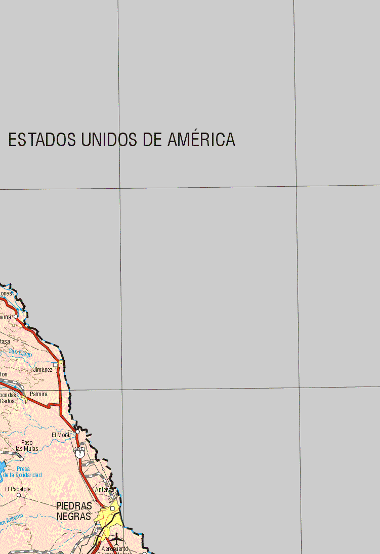 This map shows the major cities (ciudades) of Jiménez, Piedras Negras, Palmira.The map also shows the towns (pueblos) of El Moral, Paso las Mulas, El Papalote