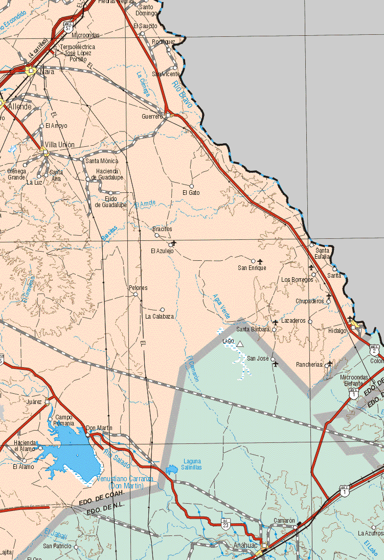 This map shows the major cities (ciudades) of Nava, Allende, Villa Unión, Guerrero, Hidalgo, Juárez.The map also shows the towns (pueblos) of Santo Domingo, El Saucito, Rodríguez, San Vicente, El Arroyo, Ciénega Grande, La Luz, Santa Ana, Hacienda de Guadalupe, El Gato, Ejido de Guadalupe, Bracitos, El Azulejo, San Enrique, Santa Eulalia, Sarita, Los Borregos, Pelones, Chupaderos, La Calabaza, Santa Bárbara, Los Asaderos, Rancherías, San José, Campo Rumania, Don Martín, Hacienda el Alamo