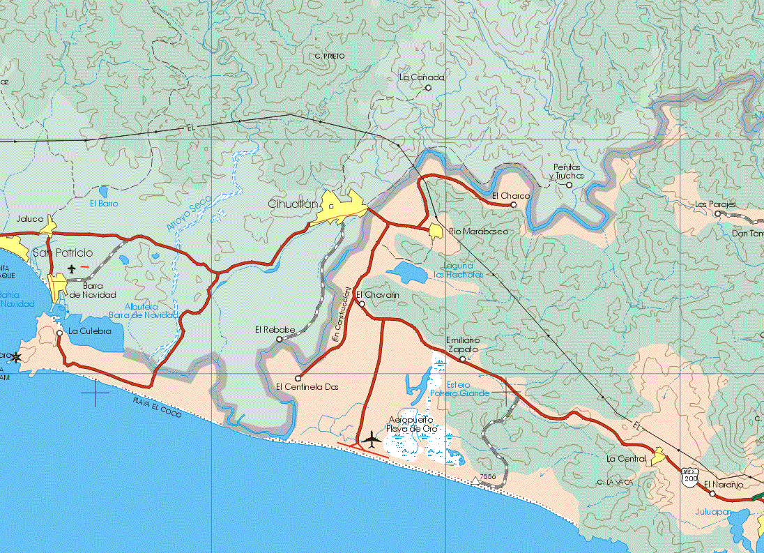 This map shows the major cities (ciudades) of Río Marabasco, La Central.The map also shows the towns (pueblos) of La Culebra, El Centinela Dos, El Chavarin, Emiliano Zapata, El Charco, El Naranjo, Los Parajes.
