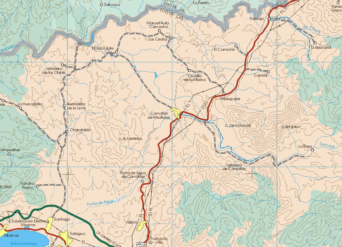 This map shows the major cities (ciudades) of Camotlan de Miraflores, Santiago, Salagua, Jalapa.The map also shows the towns (pueblos) of Paticajo, Manuel Avila Camacho, Los Cedros, El Hutzcolote, El Caminchin, El Arrayanal, Veladero de los Otates, Ciruelito de la Marina, La Huiscolotila, Aserradero de la Lima, Tepehuajes, Chondiablo, La Rosa, Veladero de Camotlan, Punto de Agua de Camotlan, Rancho Nuevo, Francisco Villa.