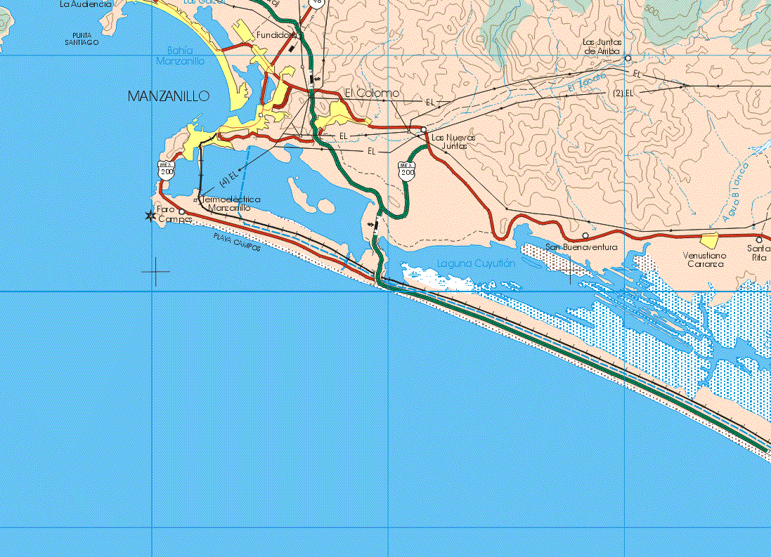 This map shows the major cities (ciudades) of Manzanillo, Fundidores, El Colomo, Venustiano Carranza. The map also shows the towns (pueblos) of Las Juntas de Arriba, Las Nuevas Juntas, San Buenaventura, Santa Rita.