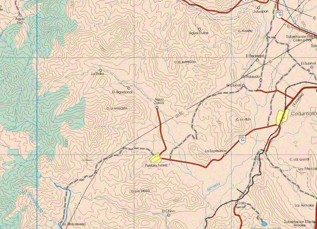 This map shows the major cities (ciudades) of Coquimatla, Pueblo Juárez.The map also shows the towns (pueblos) of Agua Dulce, Juluapan, Pedregal, El Espinal, La Sidra, El Poblado, El Chical, El Agodonal, Agua Zarca, La Esperanza, El Chino, Jala, Los Asnales, La Atravesada.