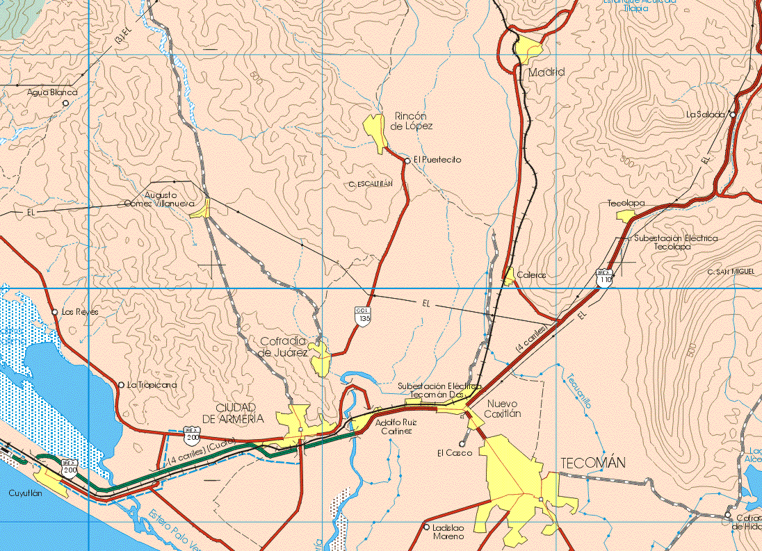 This map shows the major cities (ciudades) of Rincón de López, Madrid, Augusto Gómez Villanueva, Tecolapa, Caleras, Cofradía de Juárez, Cuyutlan, Ciudad de Armería, Adolfo Ruiz Cortinez, Nuevo Caxitlan, Tecoman.The map also shows the towns (pueblos) of Agua Blanca, La Salada, El Puertecito, Los Reyes, La Tropicana, El Casco, Ladislao Moreno.