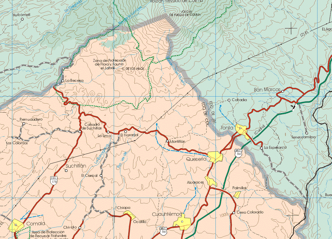 This map shows the major cities (ciudades) of Queseria, Alcaraces, Palmillas, Cuauhtemoc, Chiapa, Comala.The map also shows the towns (pueblos) of La Becerra, Remudadero, Cofradia de Suchitlan, La Lima, El Naranjal, Montitlan, Suchitlan, Cerro Colorado, El Carrizal, Chivato.