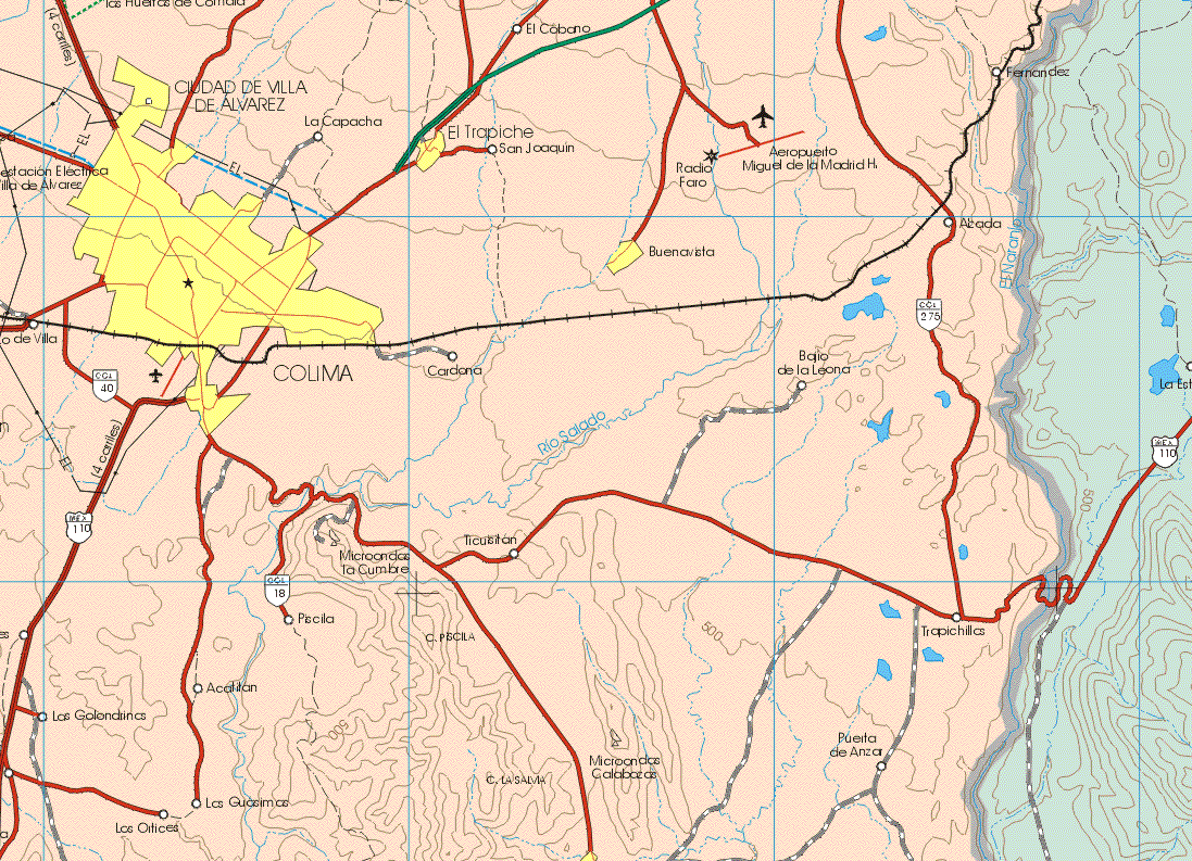 This map shows the major cities (ciudades) of Colima, El Trapiche, Buenavista.The map also shows the towns (pueblos) of El Maguey, El Cobono, La Capacha, San Joaquín, Alzada, Cardona, Bajo de la Leona, Ticustitlan, Trapichillas, Piscila, Acalitan, Las Golondrinas, Puerta de Anza, Los Guasimas, Los Ortices.