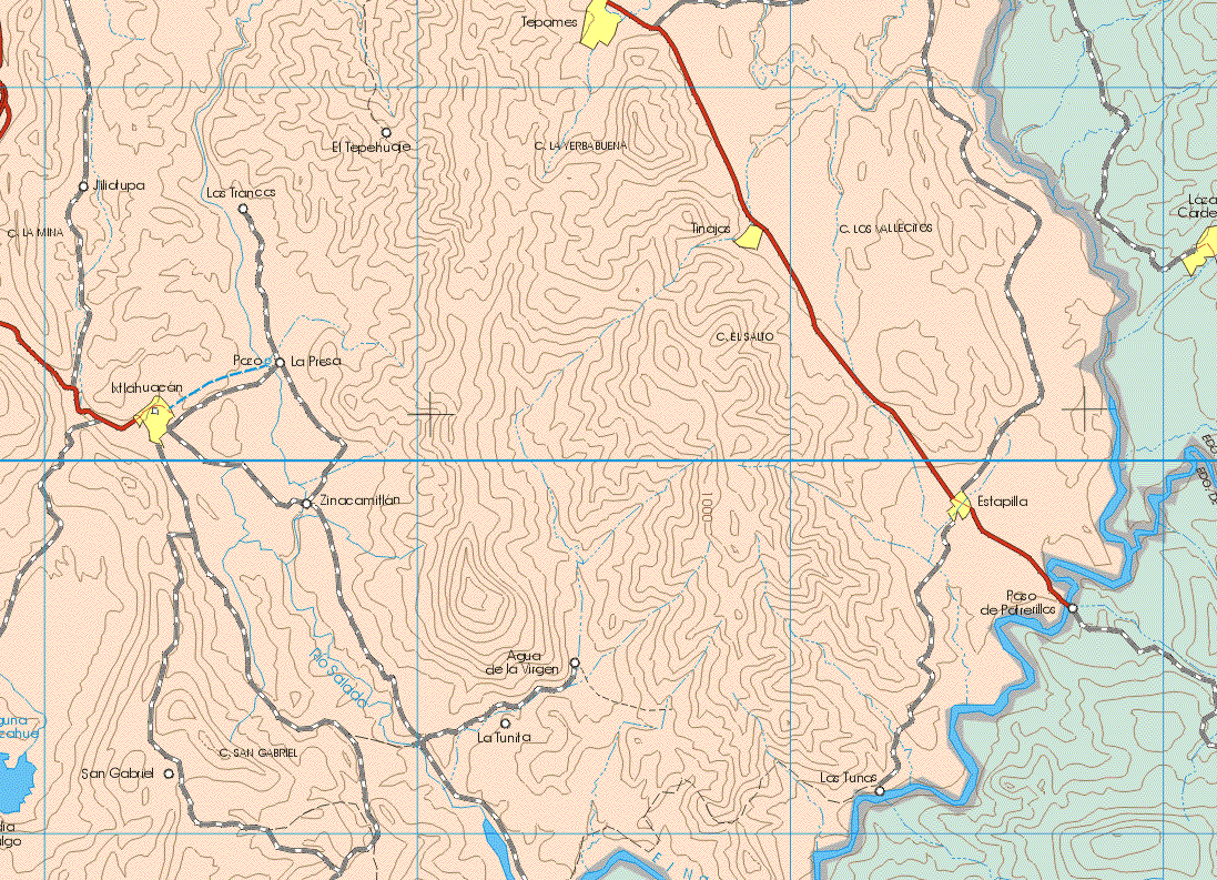 This map shows the major cities (ciudades) of Teparnes, Tinajas, Estopilla, Ixtlahuacan.The map also shows the towns (pueblos) of Jiliotupa, Las Trancas, El Tepehuge, La Presa, Zinacamitlan, Agua de la Virgen, San Gabriel, La Tunita, Las Tunas.