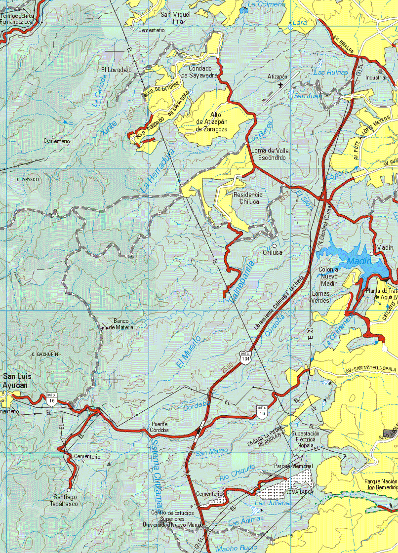 This map shows the major cities (ciudades) of Alto de Atizapan de Zaragoza, San Miguel Hila, Condado de Sayavedra, San Luis Ayucan, Loma del Valle Escondido, Residencial Chilula.