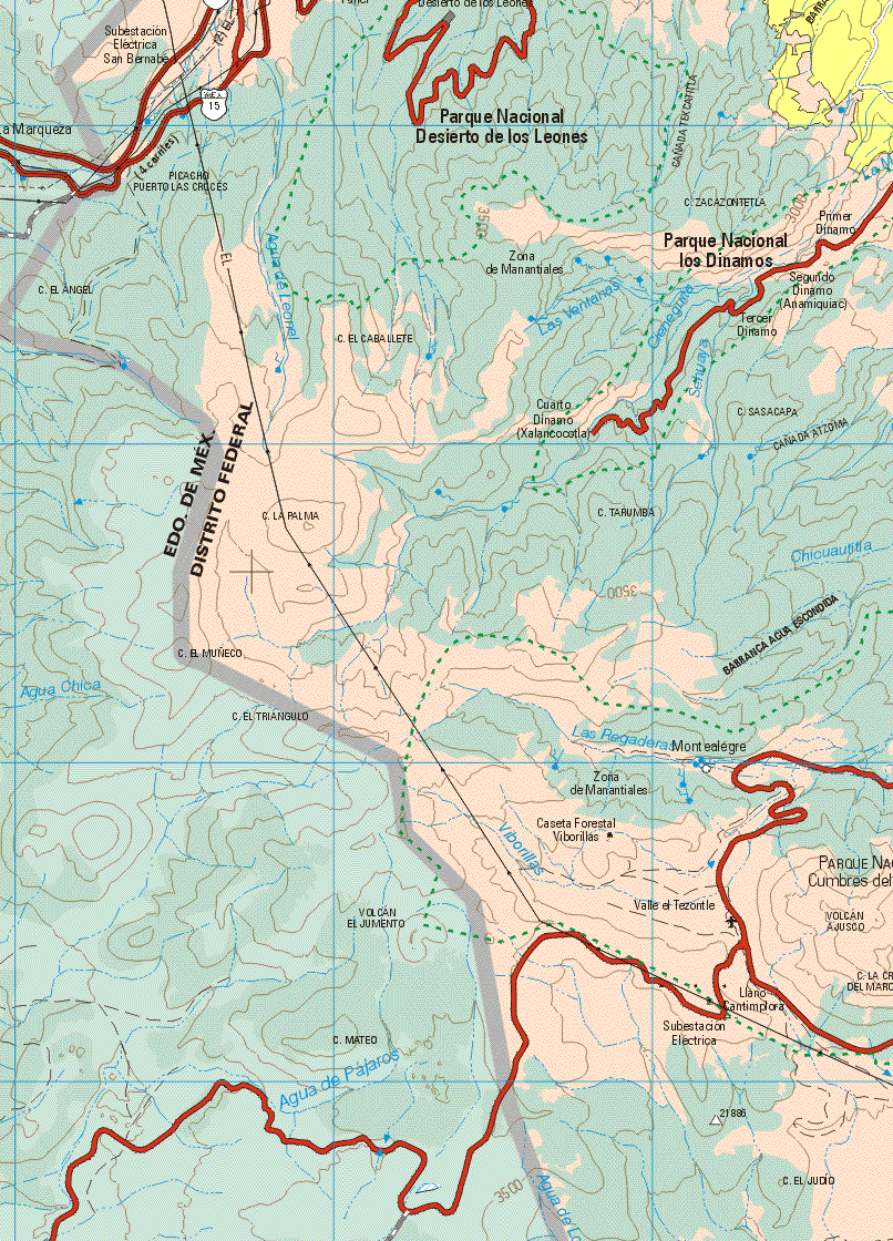 The map also shows the towns (pueblos) of Montealegre, Primer Dinamo, Segundo Dinamo, Tercer Dinamo, Cuarto Dinamo Xalacocontla.