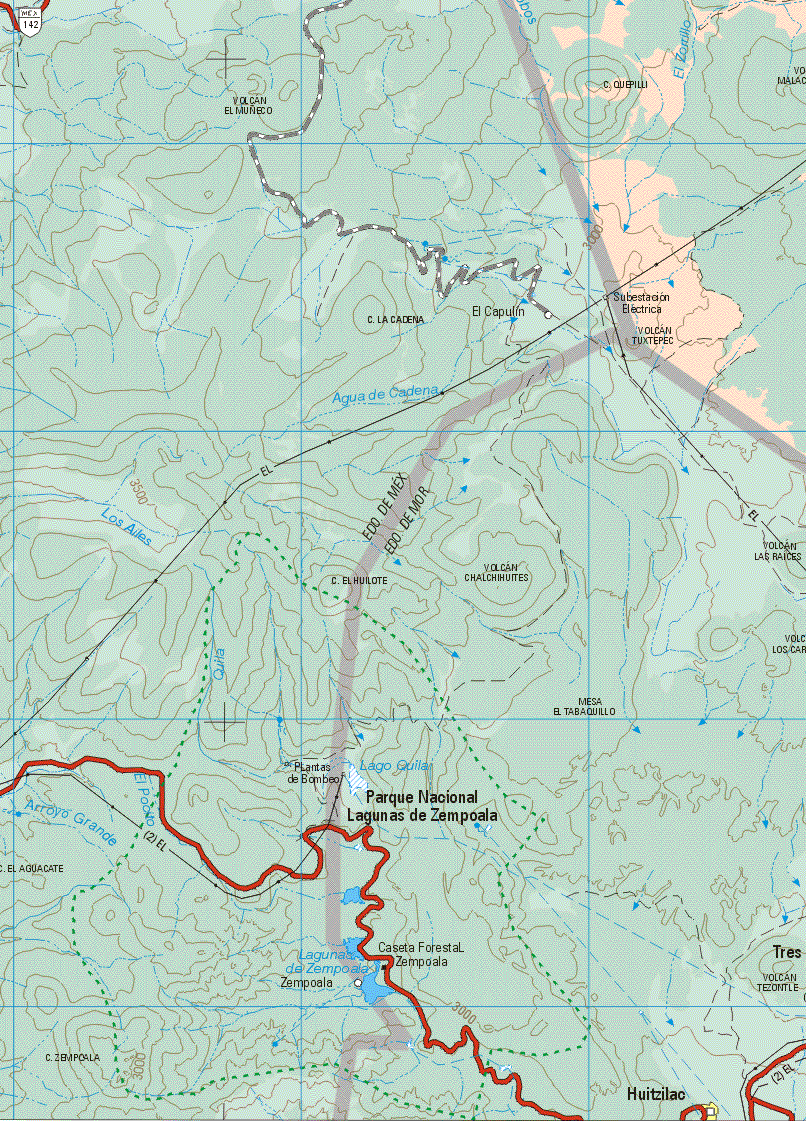 This map shows the major cities (ciudades) of Huitzilac.