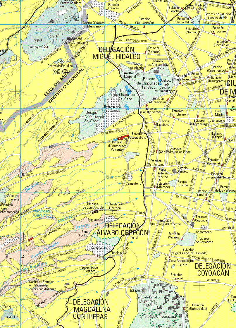 This map shows the major cities (ciudades) of Delegación Miguel Hidalgo, Delegación Alvaro Obregón, Delegación Coyoacan, Delegación Magdalena Contreras.