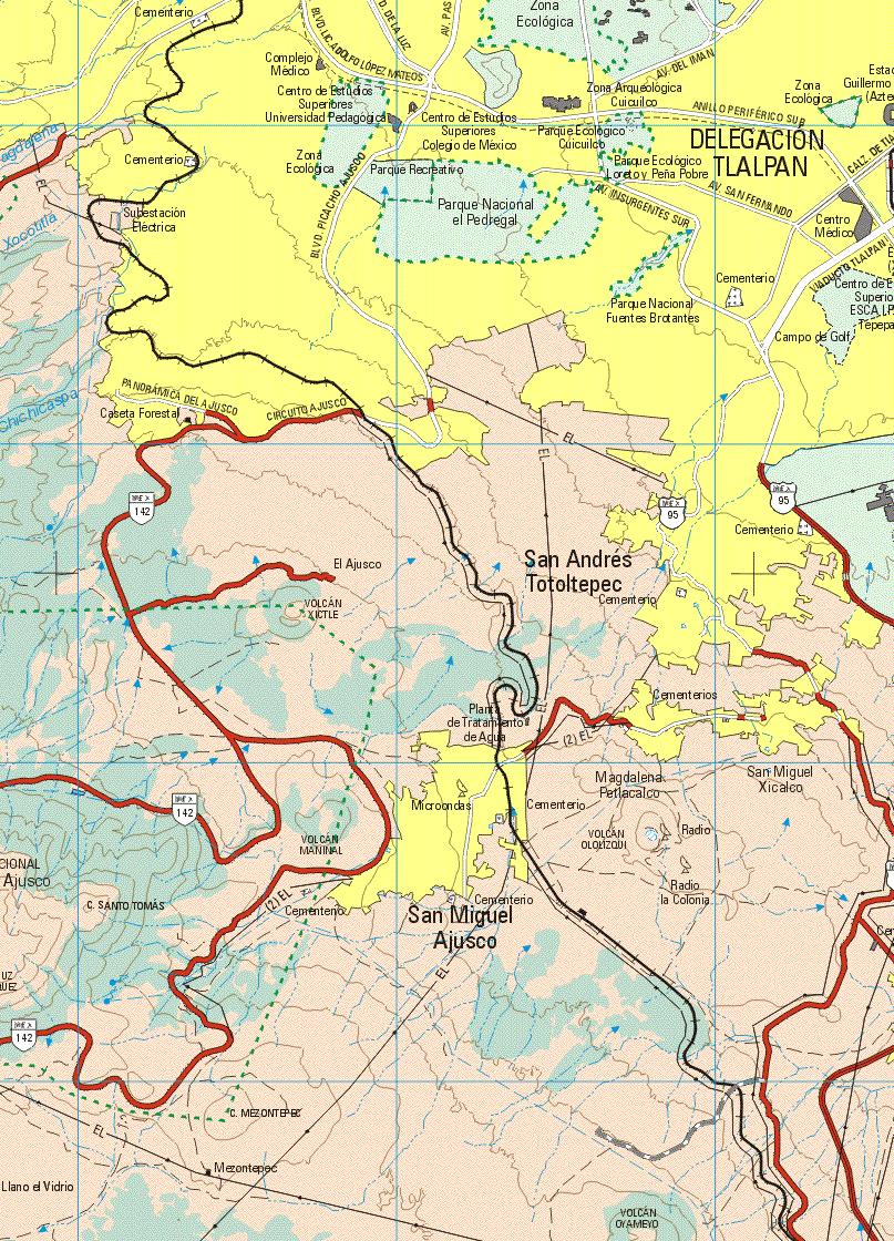 This map shows the major cities (ciudades) of Delegación Tlalpan, San Andrés Toltepec, San Miguel Ajusco.