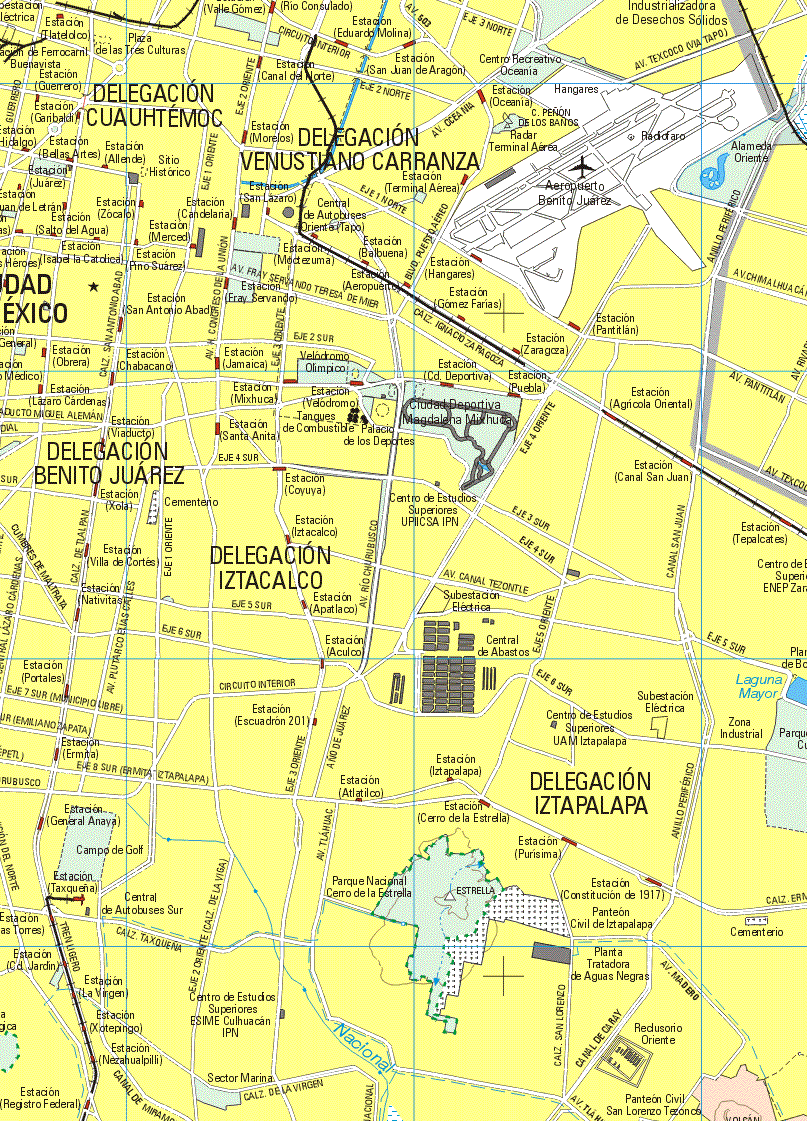 This map shows the major cities (ciudades) of Delegación Cuauhtemoc, Delegación Venustiano Carranza, Ciudad de México, Delegación Benito Juárez, Delegación Ixtacalco, Delegación Ixtapalapa.