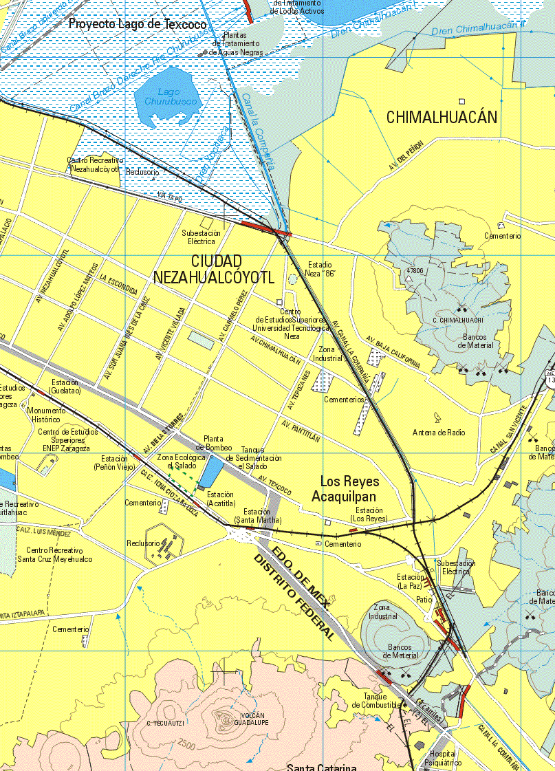 This map shows the major cities (ciudades) of Chimalhuacan, Ciudad Nezahualcoyotl, Los Reyes Acaquilpan.