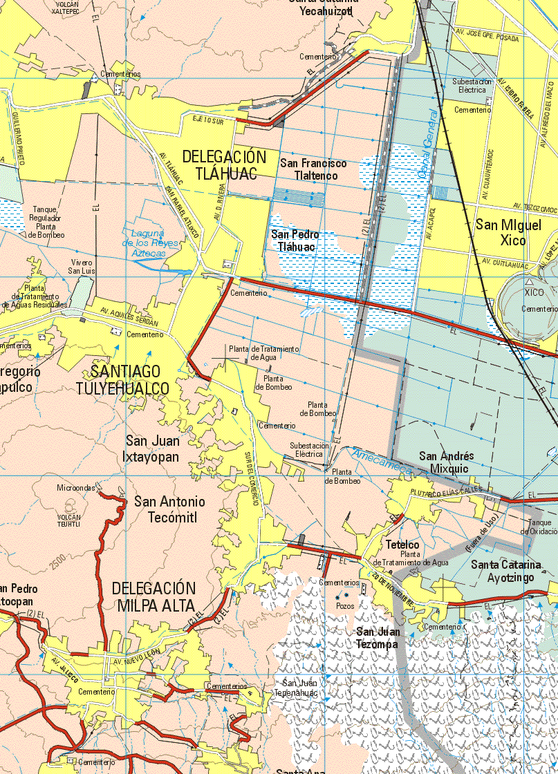 This map shows the major cities (ciudades) of Delegación Tlahuac, Santiago Tulyehualco, Delegación Milpa Alta.The map also shows the towns (pueblos) of San Francisco Tantelco, San Pedro Tlahuac, San Juan Ixtayopan, San Antonio Tecomitl, San Juan Tezompa, San Pedro Actocpan.