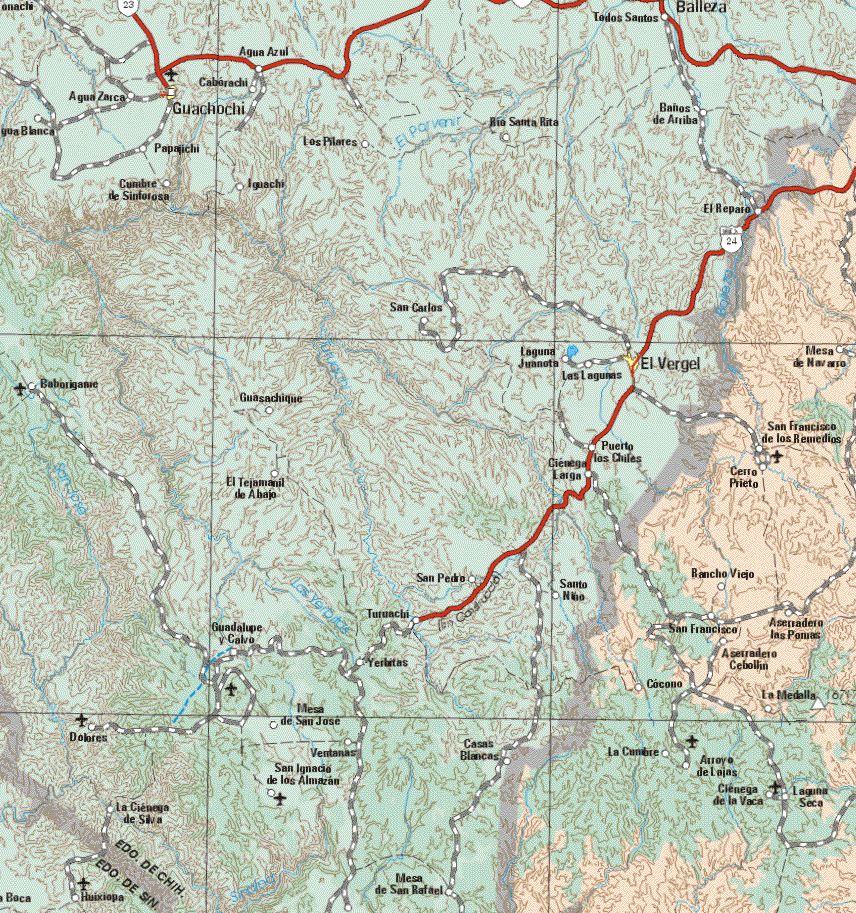 The map also shows the towns (pueblos) of Mesa de Navarro, San Francisco de los Remedios, Cerro prieto, Rancho Viejo, San Francisco, Aserradero las Porras, Aserradero Cebollin, Cocono, La Medalla, La Cumbre, Arroyo de lajas, Ciénega de la Vaca, laguna Ceca.