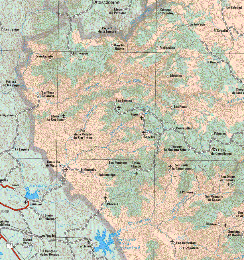 The map also shows the towns (pueblos) of Ciénega de Caballos, La Toscosa, la Soledad, El Cebollin, Rancho Nuevo, Frailecillos, El Huascal, El Durazno, San jacinto, Metates, La Mesa Colorada, Las Leonas, Los Pinos, Mesa de San Juan, Topia, Pie de la Cuesta de San Rafael, Cancias, Cuevecillas, Palomas, Ciénega de Nuestra Señora, El Ojito de Camellones. Tamazula de Victoria, El Guayabo, Los Pantanos, llano Blanco, San Juan de Camarones, San Diego de Tañases, Sahuaenipa, El Porvenir, San Gregorio de Bosos, Chacala, Banome, Santiago de Bosos, Los Remedios, El Zapatero.