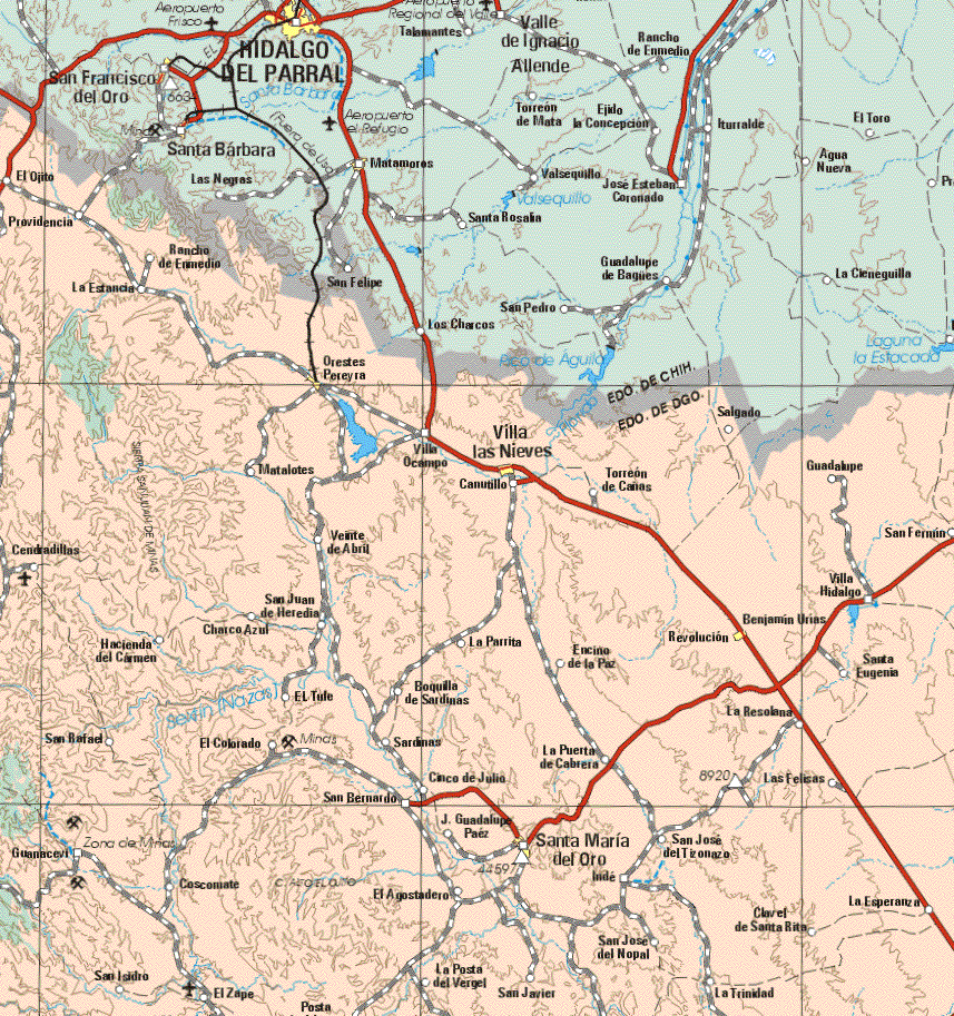 This map shows the major cities (ciudades) of Orestes Pereyra, Villa las Nieves, Revolución, Santa Maria del Oro.The map also shows the towns (pueblos) of El Ojito, Providencia, Rancho de En medio, La Estancia, Villa Ocampo, Torreón de Cañas, Guadalupe, Matalotes, Canutillo, Centradillas, Veinte de Abril, San Fermín, San Juan de Heredia, Villa Hidalgo, Hacienda del Carmen, Charco Azul, La Parrita, Encino de la Paz, santa Eugenia, Hacienda del Carmen, El Tule, Boquillas de Sardinas, San Rafael, El Colorado, Sardinas, La Puerta de Cabrera, Las Felisas, Cinco de Julio, San Bernardo, J. Guadalupe Páez, San José del Tronazo, Guancevi, Coscomate, El Agotadero, San Isidro, El Zape, La Posta del Vergel, San Javier, San José del Nopal, Clavel de Santa Rita, La Esperanza, La Trinidad.