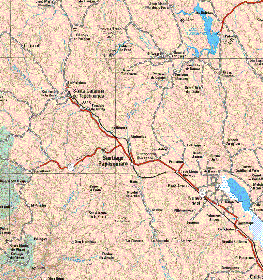 This map shows the major cities (ciudades) of Santiago Papasquiaro, Nuevo Ideal.The map also shows the towns (pueblos) of José Maria Morelos, José Maria Morelos y Pavón, Las Delicias, El Pitoreal, Ciénega de Escobar, Poblado de Peña, El Palmito, El Vergel, General, Escobedo, San Francisco de Asís, General matamoros, Potrero de Campa, San José de Ramos, Emiliano Martínez, Casas Blancas, La Purísima, Santa Rita de Casa, San José de la Boca, Santa Catarina de Tepehuanes, Presidio de Arriba, Los Herrera, Atotonilco, San Julián, La Campana, Ignacio Zaragoza, palestina, Benito Juárez, Buena Unión, Los Altares, José Maria Morelos, Lugar de Rosas, Doctor Castillo del Valles, Nuevo San Diego, Bajos del Pinito, Ratio, Pinos Altos, Nicolás de Arriba, Guillermo Prieto, El Pajarito, San Antonio de la Sierra, Aranes, Villahermosa, Esfuerzos Unidos, Guatimape, Jejamen, La Soledad, Puelagos, Santa Maria de Otates, san Francisco, Piedra, La Plazuela, La Alameda, La Laja, La Soledad, Arnulfo R. Gómez, Ciénega de Otros, piedra de Amolar, El Progreso, Cieneguitas.