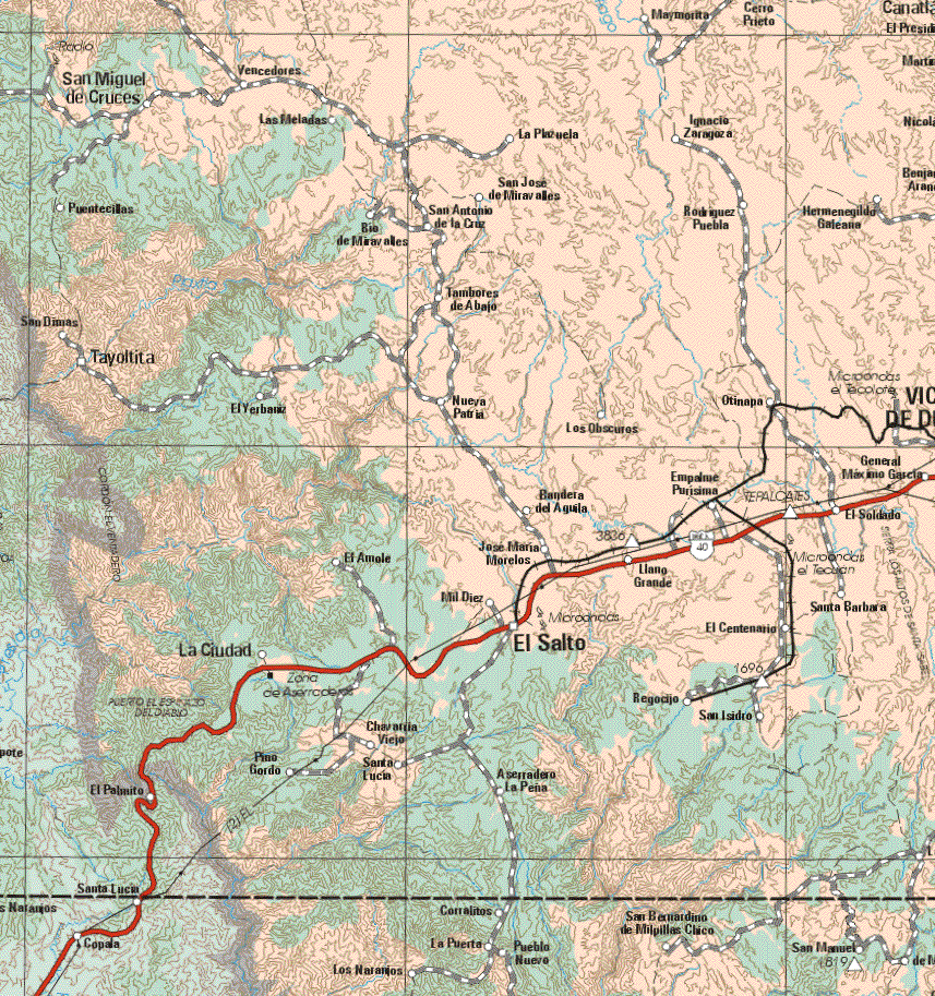 The map also shows the towns (pueblos) of Maymorita, Cerro Prieto, San Miguel de Cruces, Vencedores, Las Meladas, La Plazuela, Ignacio Zaragoza, Puentecillas, San José de Miravalles, San Antonio de la Cruz, Rodríguez Puebla, Hermenegildo Galeana, Vía de Miravalles, Tambores de Abajo, San Dimas, Tayoltita, El Yerbazo, Nueva Patria, Los Obscuros, Otinapa, Empalme Purísima, Bandera del Aguila, Máximo García, El Soldado, José Maria Morelos El Amole, Llano Grande, Mil Diez, Santa Bárbara, El Salto, Regocijo, San Isidro, Chavarita Viejo, Pino Gordo, El Palmito, Santa Lucia, Aserradero la Peña, Corralitos, San Bernardo de Milpillas Chico, San Manuel, Pueblo Nuevo, La Puerta, Pueblo Nuevo, Los Naranjos.