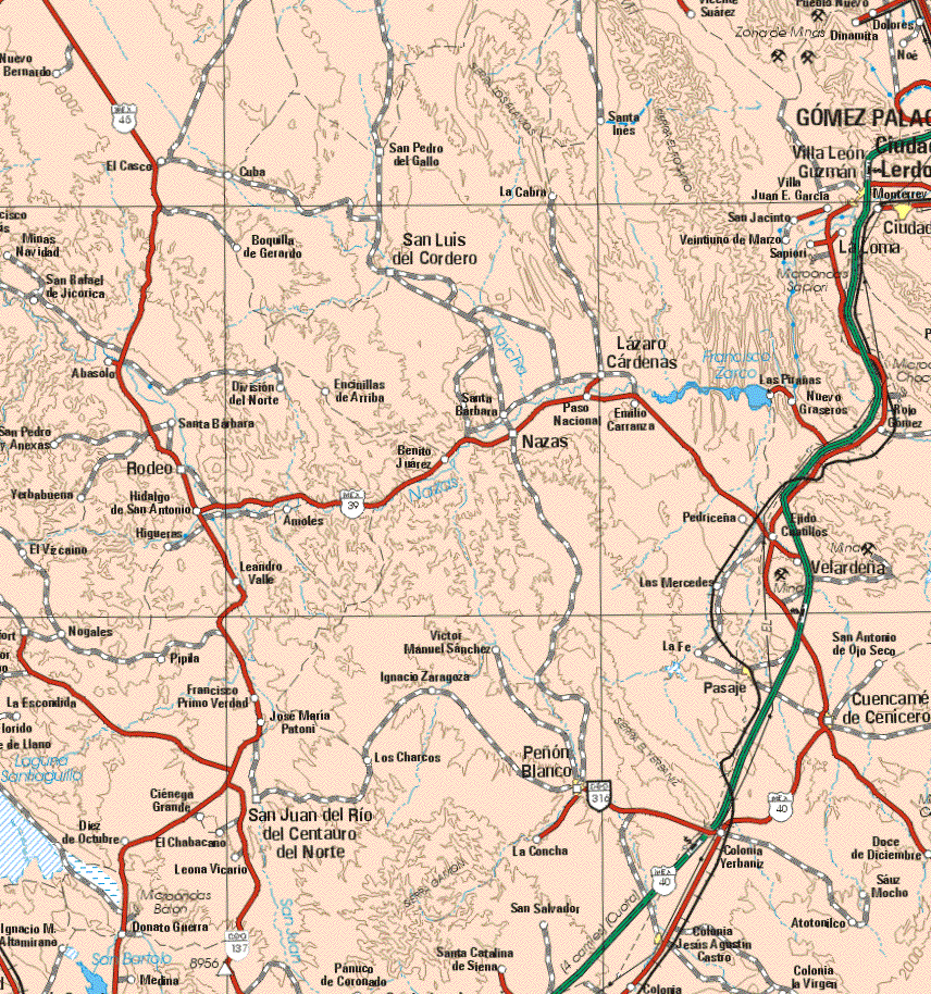 This map shows the major cities (ciudades) of Villa León Guzmán, Ciudad de Lerdo Tejada, Pasaje, Cuencame de Cenicero, Peñón Blanco, Colonia Jesús Agustín Castro.The map also shows the towns (pueblos) of Nuevo Bernardo, El Casco, Cuba, San pedro del Gallo, Santa Inés, Vicente Suárez, Dolores, Dinamite, Noe, El Casco, Cuba, La Cabra, Villa Juan E. García, San jacinto, Monterrey, Veintiuno de Marzo, Sapieri, Minas Navidad, Boquilla de Gerardo, San Luis del Cordero, San Rafael de Jicorica, Abasolo, División del Norte, Encinillas de Arriba, Santa Bárbara, Paso nacional, Emilio Carranza, Las Pirabas, Nuevo Graseros, Rojo Gómez, San Pedro y Anexas, Santa Bárbara, Benito Juárez, Nazas, Rodeo, Hierbabuena, Hidalgo de San Antonio, Amoles, Prediseña, Higueras, El Vizcaíno, Leandro Valle, Las Mercedes, Velardeña, Nogales, Pipila, Victor Manuel Sánchez, La Fe, San Antonio de Ojo Seco, La Escondida, Francisco primo Verdad, José Maria Patoni, Los Charcos, Ciénega Grande, diez de Octubre, El Chabacano, Ignacio M. Altamirano, Leona Viacario, Donato Guerra, medina, San Juan del Río del Centauro del Norte, Panuco de Coronado, La Concha, San Salvador, Santa Catalina de Siena, Colonia Yerbaniz, Doce de Diciembre, Atotonilco, Sauz Mocho, Colonia la Virgen.