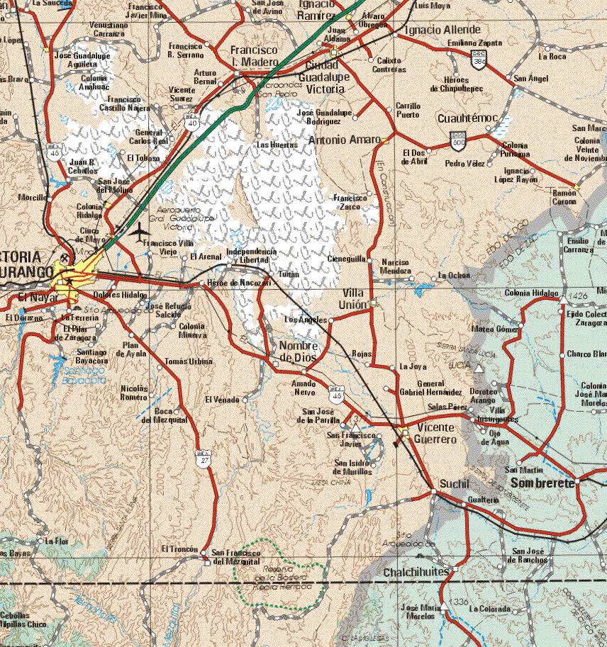 This map shows the major cities (ciudades) of Ignacio Ramírez, José Guadalupe Aguilera, Ciudad Guadalupe Victoria, Antonio Amaro, Ramón Corona, Colonia Hidalgo, Cinco de Mayo, Victoria Durango, El Nayar, Villa Unión, Vicente Guerrero.The map also shows the towns (pueblos) of La Sauceda, Francisco Javier Mina, San José de Avino, Alvaro Obregón, Luis Moya, Venustiano Carranza, Juan Aldama, Ignacio Allende, Emiliano Zapata, Francisco R. Serrano, Francisco I. Madero, Calixto Contreras, Emiliano Zapata, La Roca, San Angel, Héroes de Chapultepec, Castillo Najera, José Guadalupe Rodríguez, Parrillo Puerto, Cuauhtemoc, San Marco, Colonia 20 de Noviembre, General Carlos Real, las Huertas, El 2 de Abril, Pedro Vélez, Colonia Purísima, Ignacio López Rayón, El Tokoso, Juan R. Cevallos, San José del Molino, Francisco zarco, Morcillo, francisco Villa Viejo, El Arenal, Independencia y Libertad, Tuntan, Cieneguilla, Narciso Mendoza, La Ochoa, Heroe de Nacozori, Dolores Hidalgo, José Refugio Salcido, los Angeles, El Durazno, La Terreria, El Pilar de Zaragoza, Colonia Minerva, Nombre de Dios, Rojas, La Joya, General Gabriel Hernández, Santiago Balacoya, Plan de Ayala, Tomas Urbina, Nicolás Romero, El Venado, Amado Nervo, Gral. Gabriel Hernández, Boca de Mezquital, San José de la Parrilla, San Francisco Javier, San Isidro de Murillos, La Flor, El Troncon, Cebollitas Milpillas Chico, San Francisco del Mezquital.