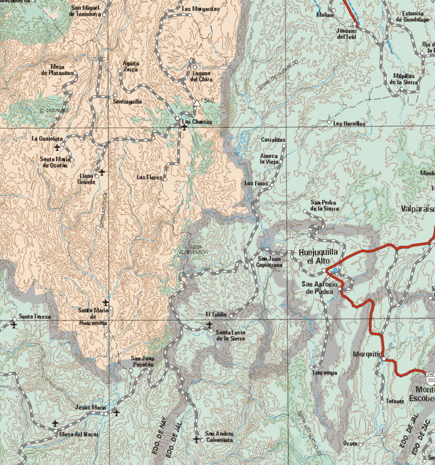 The map also shows the towns (pueblos) of San Miguel de Temohaya, Las Margaritas, Mesa de Platanitos, Aguita Zarca, Laguna del Chivo, Santiaguillo, Los Charcos, La Guajolota, Santa Maria de Ocotan, Llano Grande, las Flores, Santa Maria de Huazamba.