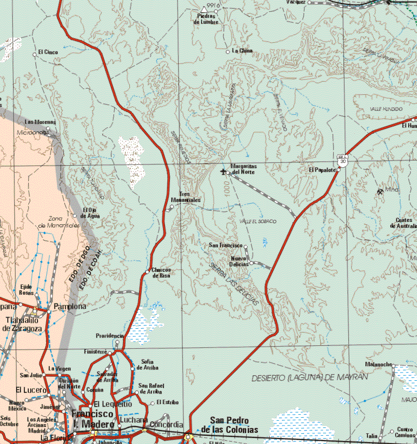 This map shows the major cities (ciudades) of Tlahualilo de Zaragoza.The map also shows the towns (pueblos) of Las Morenas, Ejido Rosas, Pamplona, San Julio, La Virgen, El Lucero, Nuevo México, Jiménez, Los Angeles, Arcinas, Madrid, Seis de Octubre.