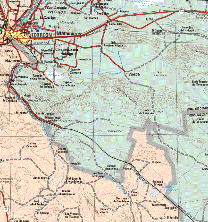 This map shows the major cities (ciudades) of Gómez Palacio.The map also shows the towns (pueblos) of El Compas, La Popular, El Vergel, Villa Nazareno, San José de Zaragoza, Zaragoza, Cerrito Colorado, Oriente Aguanasal, Huarichic, El Paso, Anton Martín, José Isabel Robles, Diez de Abril, El Naranjo, Colo. Ricardo Flores Magon, Gral. Simón Bolívar, San Vicente de Melones, Benito Juárez, San Juan de Guadalupe, El Santo Niño, Acacio, Estacion Simón, Guadalupito, San Isidro, El Zorrillo.