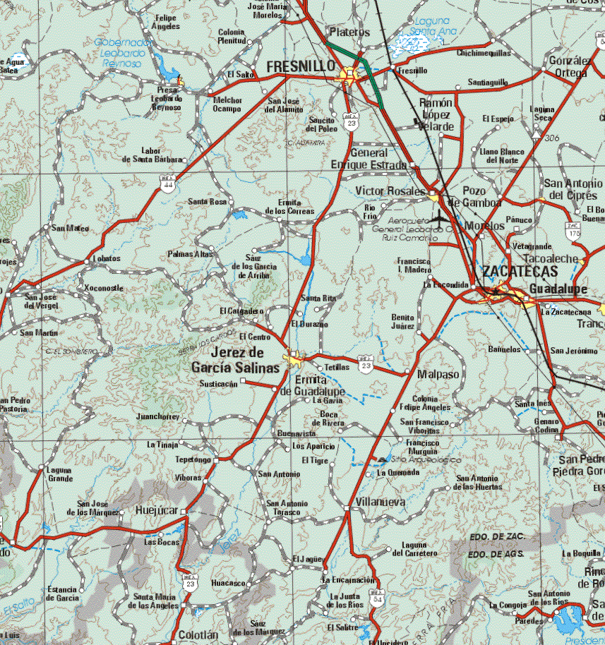 This map shows the major cities (ciudades) of Fresnillo, Zacatecas, Jerez de Garcia Salinas.