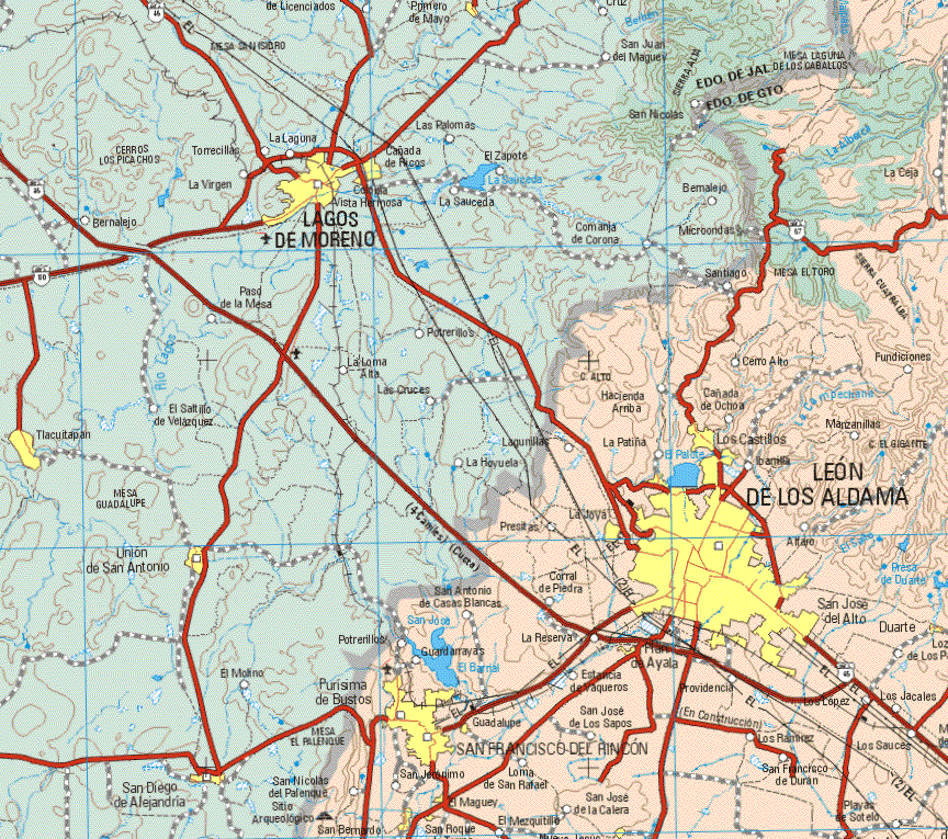 This map shows the major cities (ciudades) of León de los Aldama, Plan de Ayala, Purísima de Bustos, San Francisco del Rincón, EL Maguey, San Bernardo, San Roque.The map also shows the towns (pueblos) of La Ceja, Santiago, Cerro Alto, Fundiciones, Hacienda Arriba, Cañada de Ochoa, Lagunillas, La Patiña, Los Castillos, Manzanillas, Ibarrilla, Presillas, Alfaro, Corral de Piedra, San Antonio de Casas Blancas, Corral de Piedra, San José del Alto, Duarte, La Reserva, Guardarrayas, Estancia de Vaqueros, Providencia, San Nicolás de Palenque, San Jerónimo, Loma de San Rafael, El Mezquitillo, San José de la Calera, San José de los Sapos, Providencia, Los Ramírez, San Francisco de Duran, Los López, Los Jacales, Los Sauces.