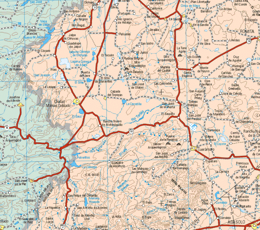 This map shows the major cities (ciudades) of Cañada de Negros, Jesús del Monte, La Sandre, Estancia de la Sandia, Romita, Ciudad Manuel Doblado, Calzada del Tepozan, Cueramato.The map also shows the towns (pueblos) of San Antonio, Dolores, Silva, Tortugas, San Ignacio de Tortugas, California, Plan Libertador, Barretos, La Arcina, Santa Ana del Conde, El Escopio, Jalapa de Canovas, San Ignacio de Hidalgo, Peñuelas, Jaralillo, Luz de Silva, Lourdes, San isidro, Guadalupe de Jalpa, El Cocono, El Tecuan, El Junco, La Tuna Agria, Los Ocotes, Cruz Aguilar, Sitio Arqueológico, El Junco, Piedras Negras, Carrizo de Rubios, Frías, Puerta de Llave, El Sitio de Maravillas, San José de Otates, Las Coloradas, Santa Efigenia, Monte de Hoyos, Pedregal de Barroza, Los salados, Santa Eugenia, Carmen de Sánchez, La Ladera, El Sitio de Maravillas, san José de Otates, Las Coloradas, ojos de Rana, Santa Gertrudis, San Antonio Cerro Prieto, Joya de Calvillo, San Juan de las Puertas, Tierras Blancas, Rancho Nuevo de Atotonilquillo, el Saucillo, San José del Paraíso, trajes de Marañon, Alto de Chamacua, Sarteneja, Puesta de la Reversa, Sarteneja, Puerta de la Reserva, Galera de la Grulla, Cerrito de Agua Caliente, San José del Novillo, Guayabo de Asensio, San Felipe del Chilarillo, La Vigueria, Santa Lucia, El Guayabo de Ruiz, San Antonio de Aceves, Sauz de Méndez Uno, Las Mangas de Corralejo, El Gallo, El Tigre, Caña de Corralejo, El Zarco, Tierras Negras, Zapote de Cestau, Magallanes, El Jaguey Agua Tibia, El Rodeo, Corralejo, San Gregorio, Tupataro, La Carroza, Francisco Horta, Alto de Negrete, Nombre de Dios, Estacion Abasolo, Huitzatarito.