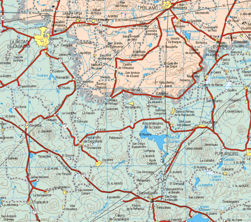 This map shows the major cities (ciudades) of Penjamo, Laguna Larga de Cortes, La Maraña, Lagunillas, Ordeña de Barajas, Guayabito de Pedraza, El Varal.The map also shows the towns (pueblos) of La Ermita, Mitad de Noria, Plan del Fresno, Montebello, Aratzipu, La Granjena, los Ojos de Agua, Concepción de Ruiz, La Estrella, Colorado Saavedra, San Fernando de Paul, Ordeña de Barajas, Berumbo, Guadalupe, San Juanito de Echeverría, El Tlacuache, Crucita de Gutiérrez, El Presidio de Morales, San José de Morales, Mezquite de Luna, Veredas, Hornitos, Cerritos Blancos, San Ignacio de Alvarez, El Guayabo de Origel, Castillo de Villaseñor, Potreros, Ejido Benito Juárez.