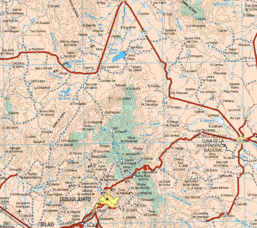 This map shows the major cities (ciudades) of El Aposento, Río Laja, Dolores Hidalgo, Guanajuato.The map also shows the towns (pueblos) of Cabras de Guadalupe, El Dorado, El Pinel, Carreño, El Cubo, El Salitre, San Ramón, El Granado, El Saucillo, Salto de Ahogado, Tres Encinos, Maguey, Cateras, El Aposento, Carreño, El Cubo, Estancia del Cubo, Cabras, Jaralillo, Buenavista del Cubo, La Virgen, Príncipes, Rancho Nuevo del Campo, San José del Tanque, la Barranca, Santo Domingo, San Pedro, El Alto, Presa de Monjas, Jesús Maria, Cieneguita, Los Altos de Ibarra, Palo Colorado, Fuentes, Los Arrastres, Cañada de Chávez, La Labor, El Carmen, Monjoneras, La Frontera, Los Martínez, San Juan de Llanos, Peñuelas, El Estaño, Jenco de Trancas, Soledad Nueva, La Moncada, Morrillos, Los Arrieros, Peña Prieta, La Deseadilla, Estancia de Zamampa, El Tecolote, Trancas, Palmitas, Los Arcos, Canelas, Nuevo Valle de Moreno, Santiaguito, La Presa, El Refugio de Trancas, Venadito, El Gallinero, Cueva del Cedro, El Tablón, Los Quiotes, Los Hernández, Vaquería, La Angostura, Mesa de Hernández, Mangas de la Estancia, El Terrero, El Varal, Picones, El Capulín, El Terrero, El Chocolate, El Llanito, Mesa Cuata, Calvillo, Charco, Comanjilla, Baños de Aguacaliente, Chichimequilla, Mezquite Sotelo, Coecillo, Arperos, El Paxtle, El Jitomatal, Tuna Manga, El Cubilete, Cimento, La Palma, La Luz, Santa Teresa, Agua Colorada, Llanitos de Santa Ana, Monte de San Nicolás, Llanos de la Fragua, Santa Rosa de Lima, Monte de San Nicolás, La Peregrina, Villalpando, El Cubo, El Cedro, Rosa de Canastilla, Los López de Arriba, Las Lozas, San Marcos, Xoconate del Remáchalo, San José de la Palma, El Sisote, Cieneguita, Santa Bárbara, El Potrero, Don Pedro, El Saucillo, Don Pedro.