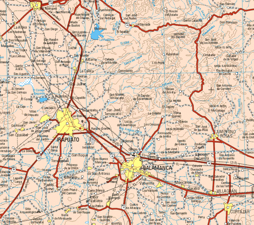 This map shows the major cities (ciudades) of La Aldea los Medranes, La Sauceda, Aldama, La Calera, Taretan, Irapuato, Salamanca, Cortazar, Villas de Irapuato, San Javier, Cuchicuato, San Cristóbal, Purísima del Jardín, Rancho grande, Loma de San Antonio, Noria de Mosqueda, Zapote de peralta, San Nicolás Quirino, Puerta de San Roque, Juventino Rosas, La Luz Valtierrilla, Mexicanos, Colonia 18 de Marzo, Villagran, Pueblo Nuevo.The map also shows the towns (pueblos) of Luis Rodríguez, San Marcos, Huachiripe de Cuevas, Puentecillas, Ciénega del Pedregal, San José del Rodeo, El Rincón del Estaño, Santa Catarina, San Damián, Don Francisco, Refugio de Ocampo, San Diego, Cabaña de Bustos, Molineros, El Tejaban, Unión tres Mezquites San Ramón, San Andrés de la Baraña, Molineros, El Tejaban, San José de los Allende, Maravillas, San Ramón de gallegos, La Paz, Los Trojes, San Miguel de Villalboa, Las Liebres, San Vicente, Cañada de la Muerte, Potrerillos, Cimataño, Cañada de la Virgen, San Antonio Texas, Santa Anita, San Agustín, Comederito, Ojo de Agua de García, San Agustín, Serrano, Lo de Juárez, El Venado de San Lorenzo, San Antonio de Corrales, Mesa de Acosta, El Conejo, El Copalillo, San Nicolás Temascatio, El Zapote de Covarrubias, La Merba, La Caja, El Jaguer, El Carrizalito, San José Temascatio, La Orteña, Maria Gómez, El Murciélago, San José de Temascatio, Locos de Covarrubias, Los Cenizos, Cárdenas, Oremos, Maria Gómez, Barrón, San José de las Filas, Xoconoxtle de Arriba, Centro de Gazca, Emiliano Zapata, San José de la Montaña, Cerro Gordo, Santiago de Cuenda, San Antonio Romerillo, San José de Jorge López, Purísima del Jardín, La Soledad, Guadalupe de Riviera, Laguna Larga, Santa Elena, Tinaja de Bermales, Cerro Prieto del Carmen, Sauz de Purísima, Carro Blanco, Los Patios, Cuatro de Altamira, Las Liebres, Los Vázquez, Las Liebres, San José del Brazo, Perico de Correjo, San José del carmen ,San Bernardo, Tierra, Campo Militar Sarabia, Valencia de Fuentes.