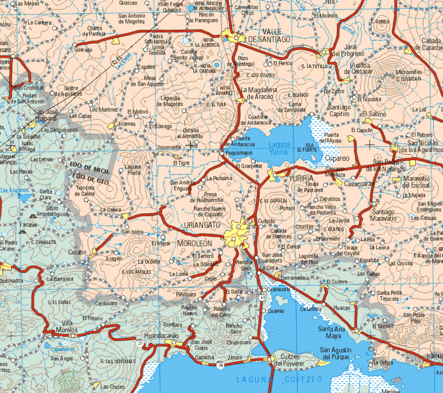 This map shows the major cities (ciudades) of Charco de Pantoja, Valle de Santiago, Jaral del Progreso, Cañada de Carache, Victoria de Cortazar, La Magdalena de Araceo, Santiago Capitalino, El Sabino, La Luz, Jícaras, Puerta del Monte, Joconoxtle, Cupareo, San Nicolás de los Agustinos, El Tigre, Curpareo, San Pedro de los naranjos, Gervasio de Mendoza, La Calera, Uriangato, Moroleón, Yuriria, Casacuaran, Maravatio del Encinal.The map also shows the towns (pueblos) of Las Mesas, La Cartera, Quiriceo, San Antonio de Mogotes, San Felipe Quinceo, Rincón de Parangeo, Carmelitas Chico, El Molinito, Guarapo, Loma Tendida, Colonia Benito Juárez, Paso de Arostegui, El Perico, Copales, Mesa de San Agustín, Salitre de Aguilillas, El Tecolote, Ojo Zarco, los Martínez, Lagunilla de Mogotes, El Motivo, Cuadrita de Andaracua, Loma de Zempoala, El Borrego, El Capulín, El Potrero, Colonia del Armadillo, Puerta de Andaracua, Puquichapio, Laguna Prieta, San Andrés Enguato, Tejocote de Calera, San Isidro, El Moral, Aragón, La Ordeña, El Terreno, La Loma, La Soledad, Pinicuaro, El Salto, La Soledad, El Terrero, Rancho Nuevo de Cupuato, La Purísima, Tinaja de Pastores, Poruyo, Zapotitos, Curtzillo, Cañada de Pastores, El Carrizal, San José Cuaracurio, Crucitas, El Dormido, Rancho Viejo de Pastores, La Manjada, La Joyita, Tinaja de Coyote, La Leona, La Pila, Las Cruces, Santa Rosa de Tejocotes, San Pablo Peja.