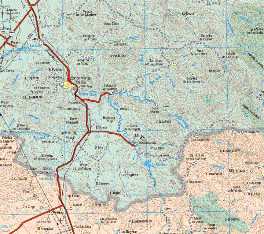 The map also shows the towns (pueblos) of San Pedro, Ojo Ciego, La Jaula, Parritas, Los Encinos, El Mezquital, San Pedro, La Jaula, La Sauceda, Las Adjuntas de San José, Las Negritas, Jofor, Las Adjuntas, El Camarón, San Antonio de los Martines, El Saucillo, El Bramador, Mesa la Estacada, Mesa de Jesús, Mesa de Palotes.