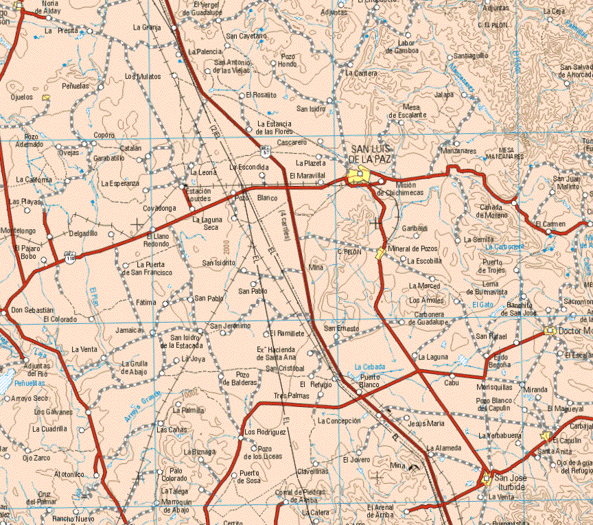 This map shows the major cities (ciudades) of Ojuelos, San Luis de la Paz, Mineral de Pozos, Doctor M., El Capulín, San José Iturbide.The map also shows the towns (pueblos) of Noria de Alday, La Presita, La Granja, El Vergel de Guadalupe, Adjuntas, La Ceja, San Cayetano, Labor de Gamboa, La Palencia, Santiaguillo, Los Mulatos, San Antonio de las Viejas, Pozo Hondo, La Carretera, Peñuelas, El Rosalito, Jalapa, San isidro, Mesa del Escalante, La Estancia de las Flores, Ovejas, Coporo, Catalán, Garabatillo, Cascarero, Manzanares, San Juan Malinto, la Plazata, La Leona, La escondida, La California, La Esperanza, El Maravillal, La California, La Esperanza, Hacienda de Lourdes, Pozo Blanco, Misión de Chichimecas, Cañada de Moreno, El Carmen, Las playas, Covadonga, La Laguna Seca, Garibaldi, El Carmen, Montelongo, Delgadillo, El Llano Redondo, La Semita, El Pájaro Bobo, La Puerta de San francisco, San Isidrito, La Escobilla, Puerto de Trojes, Fátima, San Pablo, La Merced, Loma de Buenavista, Ranchito de San José, Sacromon, Los Amoles, Don Sebastián, El Colorado, Jamaica, San Jerónimo, El Ramillete, San Ernesto, Carbonera de Guadalupe, San Rafael, San Isidro de la Estacada, La Venta, La Gruta de Abajo, La Joya, Ex Hacienda de Santa Ana, La Laguna, Ejido La Begoña, El Escalar, San Cristóbal, Pozo de Balderas, El Refugio, Tres Palmas, Puerto Blanco, Cabu, Morisquillas, Miranda, Arroyo Seco, Los Galvanes, La Palmilla, La Concepción, Jesús Maria, Pozo Blanco del Capulín, El Magueyal, Los Galvanes, La Cuadrilla, Las Cañas, Los Rodríguez, La Yerbabuena, Ojo Zarco, Atonilco, Cruz del Palmar, Rancho Nuevo, La Biznaga, Palo Colorado, La Talega, Marroquín de Abajo, Pozo de los Líneas, Puerto de Sosa, Clavellinas, Corral de Piedras de Arriba, La Calera, El Jovero, el Arenal de Arriba, La Alameda, Santa Anita, Ojo de Agua del Refugio, La Venta.