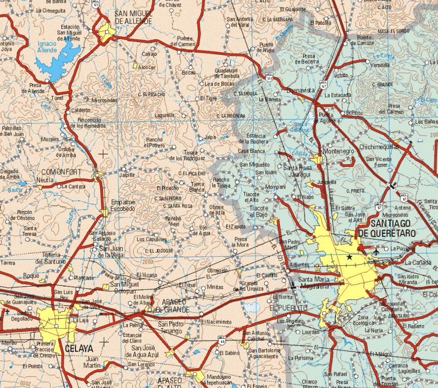 This map shows the major cities (ciudades) of San Miguel de Allende, Alcocer, Comonfort, Neutla, Empalme Escobedo, Terteria del Santuario, Roque, San Miguel Octopa, Apaseo el Grande, San José de Silva, Celaya, San José de Agua Azul, Apaseo el Alto.The map also shows the towns (pueblos) of Estacion de San Miguel Allende, San Antonio del Varal, El Guajolote, El Patolito, Puente del Carmen, Puerto de Nieto, Cañajo, Bocas, Guadalupe de Tambola, Lira de Bocas, Presa de Allende, El Tigre, Calderón, Rinconcillo de los Remedios, Jalpa, Palmillas de San Juan, Morales, Orduña de Arriba, Rancho el Potrero, Tinaja de los Rodríguez, Jalpilla, Tierra Blanca, El Rancho, La Cantera, Rincón de Centeno, Santa Teresa, Obraje de Ixtla, Rancho Viejo, Ojo de Agua, Santa Teresa, San Antonio gallardo, Los Capulines, Presa de Mora, San Juan de la Vega, La Mora, Plancarte, Granjas de las Urquizas, El Castillo, San Luis Rey, El Tunal, Minitas, Granjas de las Urquiza, El Mollin de Abajo, La Laja, Primera Fracción de Crespo, El Puesto, San Lorenzo, El Nacimiento, El Sabino, San Bartolomé Aguacaliente.