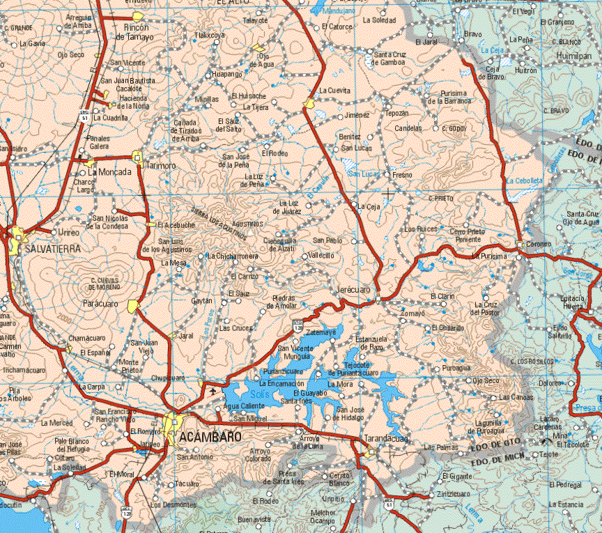 This map shows the major cities (ciudades) of Rincón de Tamayo, Ojo Seco, Ojo de Agua, San Juan Bautista Cacalote, La Cuevita, Hacienda de la Noria, La Moncada, Tarimoro, Salvatierra, El Acebuche, Paracuaro, Chamacuaro, Acambaro, Tarandacuaro, Coroneo.The map also shows the towns (pueblos) of Arreguin de Arriba, Tlalixcoya, Talayote, El Catorce, La Soledad, La Gavia, San Vicente, Santa Cruz de Gamboa, Huapango, Minillas, La Tijera, Jiménez, Tepozan, Candelas, Purísima de la Barranca, Jiménez, Tepozan, La Cuadrilla, Cañada de Tirados de Arriba, El Sauz del Salto, Benítez, San Lucas, Panales Galeda, San José de la Peña, El Rodeo, Charco Largo, La Luz de la Peña, fresno, La Luz de Juárez, La Ceja, San Nicolás de la Condeza, Urireo, Cieneguita de Alzati, San Pablo, Los Ruices, Cerro Prieto Poniente, San Luis de los Agustinos, La Mesa, La Chicharronera, El Carrizo, El Español, La Merced, San Francisco Rancho Viejo, Palo Blanco del Refugio, Cutaro, La Soledad, El Romero, Vallecillo, Purísima, Gaytan, El Sauz, Piedras de Amolar, Las Curces, El Clarín, La Cruz del Pescador, Zomayo, San Vicente Munguia, Agua Caliente San Antonio, San Miguel, Santa Inés, Tacuaro, Los Desmontes, Arroyo Colorado, Arroyo de la Luna, San José de Hidalgo, La Encarnación, Estanzuela de Razo, Tejocote de Puriantacuaro, La Mora, San José de Hidalgo, Puroagua, Ojo Seco, Las Canoas, Lagunilla de Puroagua.