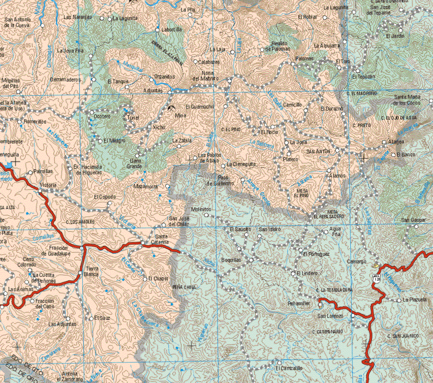 The map also shows the towns (pueblos) of San Antonio de la Cueva, Las Naranjas, La Lagunita, Laborcilla, La Pila, El Roblal, La Joya Fina, Catabazas, Palomas, La Laja, El Toro, Milpilla del Pito, Derramaderos, El Tanque, Organitos, Noria del Maltrato, Adjuntas, El Guamúchil, El Carricillo, El Durazno, Romerillos, Ocotero, Túnel, Xichu, El Roció, La Joya, San Antonio, Atarje, El Milagro, La Zábila, Palmitas, Ex Haciendas de Higuera, Llano Grande, Los Pablos de Abajo, La Cieneguita, Platero, Alamos, Victoria, Mazamorra, El Copudo, San José del Chilar, Santa Catarina, Fracción de Guadalupe, Cerro Colorado, la Cuesta de Peñones, Las Animas, Fracción del Caño, Las Adjuntas, Tierra Blanca, El Sauz, El Chapon.